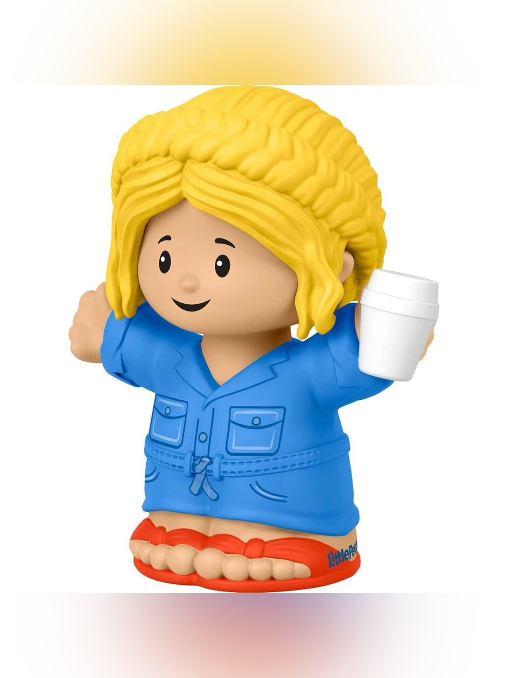 New Fisher-Price Little People Blonde Mother Mom Woman Coffee Blue Robe Slippers - Picture 3 of 7